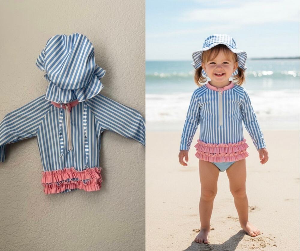 Toddler Girl Blue Striped Ruffle Rashguard & Sun Hat Set 2T